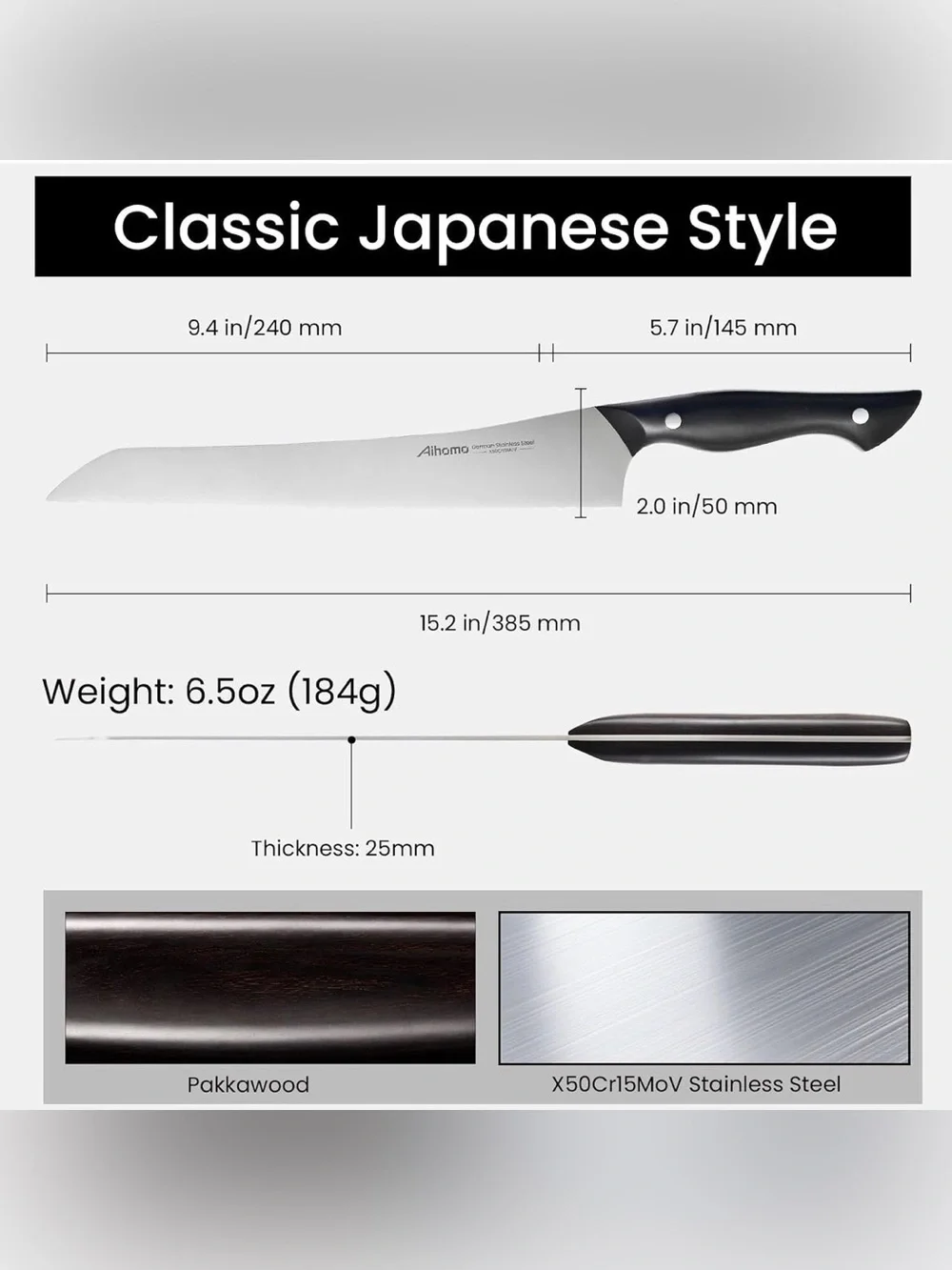 10-Inch Offset Bread Knife, Serrated Sourdough Knife, Japanese style, Steel
